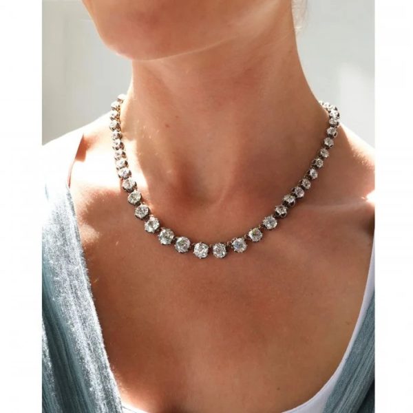 Victorian Antique 40cts Old Cut Diamond Line Riviere Necklace, 54 old-cut diamonds totalling 40 carats in silver-upon-gold crown claw settings. Late 19th century Circa 1880