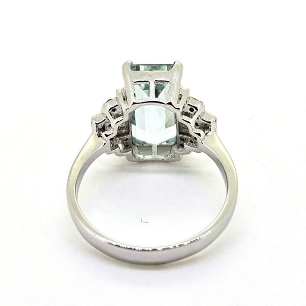 3.75ct Aquamarine Ring with Stepped Diamond Shoulders, 3.75ct baguette rectangular step cut aquamarine flanked by diamond-set stepped shoulders in 18ct white gold