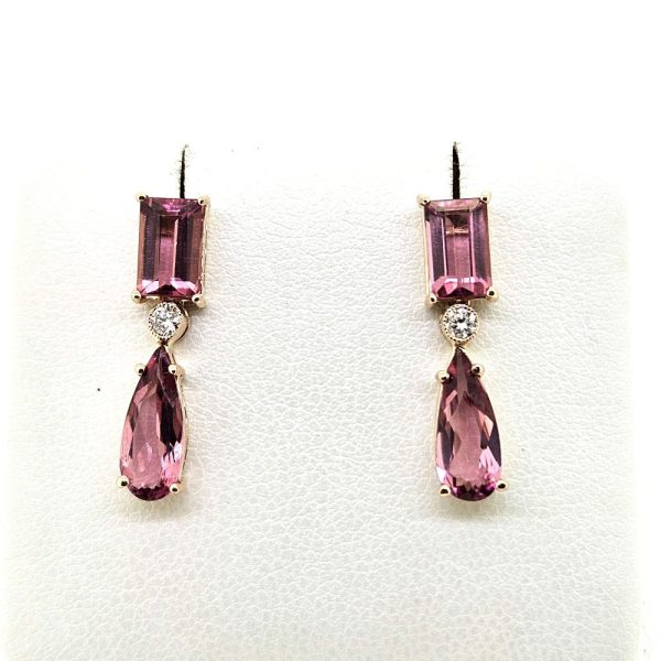 Pink Tourmaline and Diamond Drop Earrings in 18ct Rose Gold, Baguette rectangular step-cut pink tourmaline tops suspend pear-cut pink tourmaline pendant drops via single stone diamond solitaire links