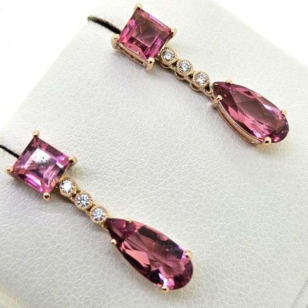3.54ct Pink Tourmaline and Diamond Drop Earrings, 3.54 carats, square pink tourmaline tops suspend pear-cut pink tourmaline pendant via diamond drops in 18ct rose gold
