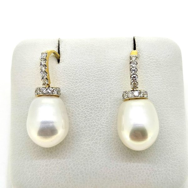 Pearl and Diamond Shepherd Hook Drop Earrings Freshwater pearl and diamond drop earrings on shepherds hooks in 18ct yellow gold