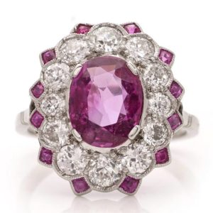 Burma ruby and diamond ring, Art Deco vintage ring 1920s platinum ruby and diamond surround border