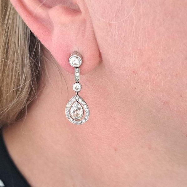 Early Art Deco 3ct Pear Old Cut Diamond Cluster Drop Earrings in Platinum