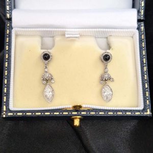 Art Deco Marquise Diamond Cabochon Sapphire Drop Earrings