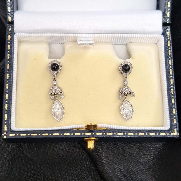 Art Deco 2.2ct Marquise Diamond and Cabochon Sapphire Drop Earrings in Platinum, Cabochon sapphire rose-cut diamond cluster tops suspend diamond umbrella