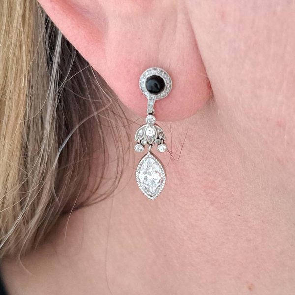 Art Deco 2.2ct Marquise Diamond and Cabochon Sapphire Drop Earrings in Platinum, Cabochon sapphire rose-cut diamond cluster tops suspend diamond umbrella
