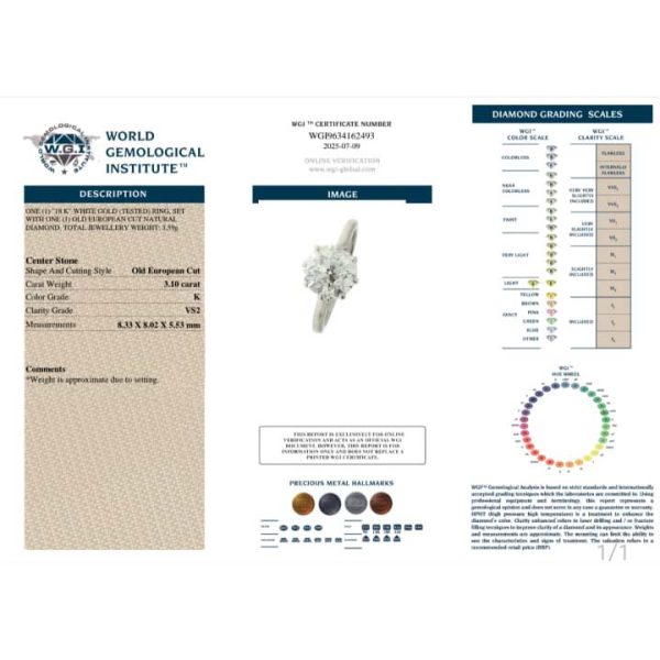 Vintage 3.10ct Old European Cut Diamond Solitaire Engagement Ring in Platinum, 3.10ct single stone old European-cut diamond eight-claw set with certificate laboratory report