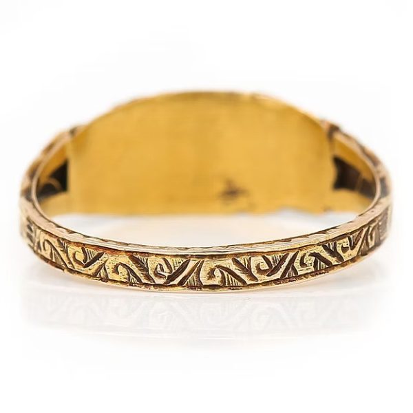 Antique 15ct yellow gold Victorian ruby and pearl ring with ornate engraving, dated 1878