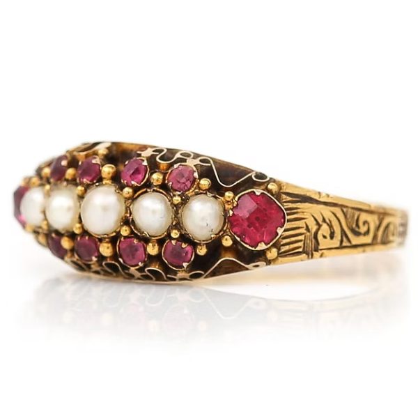 Antique 15ct yellow gold Victorian ruby and pearl ring with ornate engraving, dated 1878