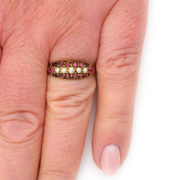 Antique 15ct yellow gold Victorian ruby and pearl ring with ornate engraving, dated 1878
