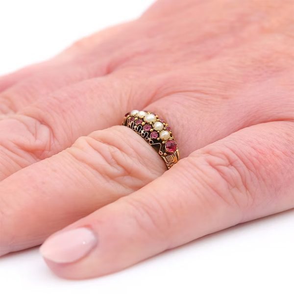 Antique 15ct yellow gold Victorian ruby and pearl ring with ornate engraving, dated 1878