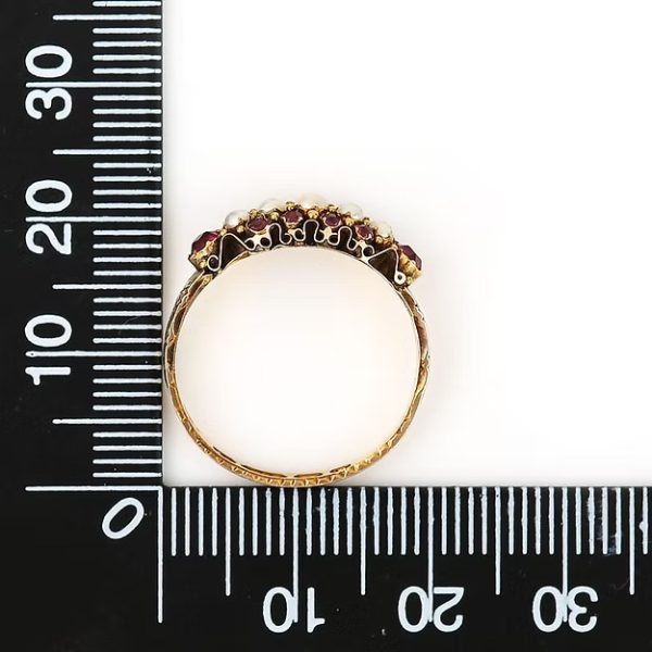 Antique 15ct yellow gold Victorian ruby and pearl ring with ornate engraving, dated 1878