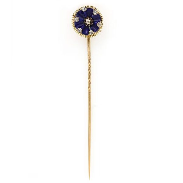 Antique Victorian 15ct gold stick pin featuring dark blue enamel and rose-cut diamonds in a floral ribbon design, circa 1890