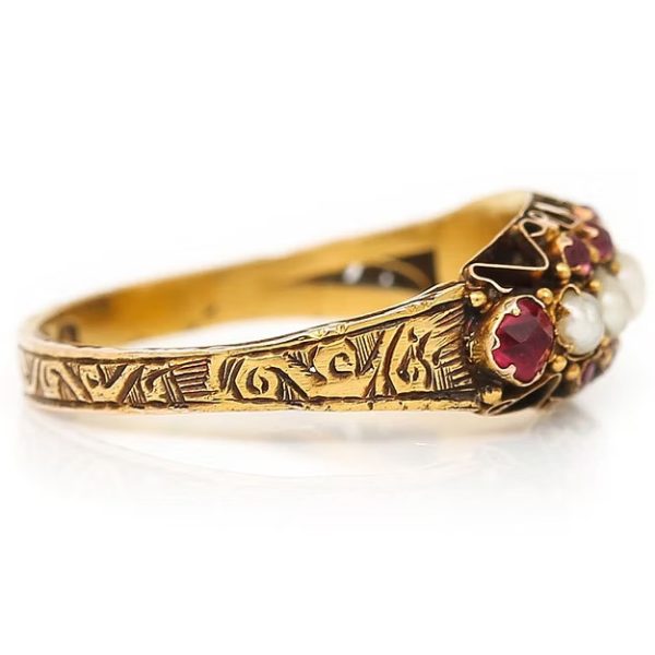 Antique 15ct yellow gold Victorian ruby and pearl ring with ornate engraving, dated 1878