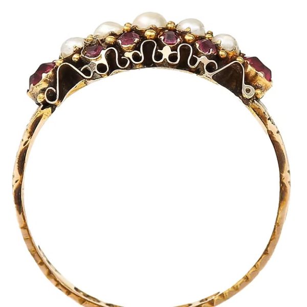 Antique 15ct yellow gold Victorian ruby and pearl ring with ornate engraving, dated 1878