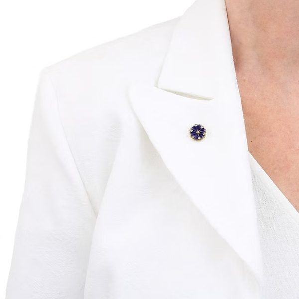 Antique Victorian 15ct gold stick pin featuring dark blue enamel and rose-cut diamonds in a floral ribbon design, circa 1890