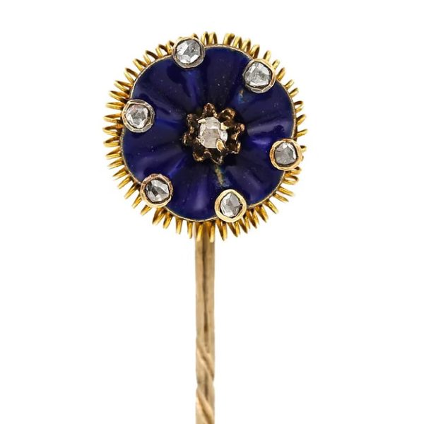 Antique Victorian 15ct gold stick pin featuring dark blue enamel and rose-cut diamonds in a floral ribbon design, circa 1890