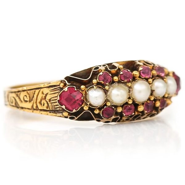 Antique 15ct yellow gold Victorian ruby and pearl ring with ornate engraving, dated 1878