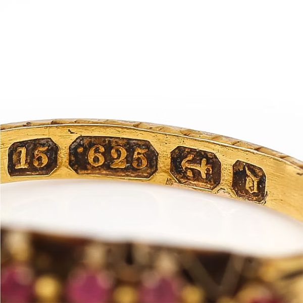 Antique 15ct yellow gold Victorian ruby and pearl ring with ornate engraving, dated 1878