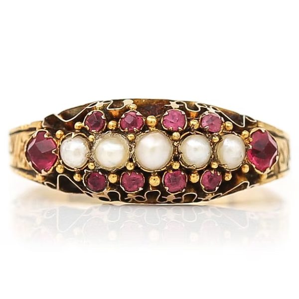 Antique 15ct yellow gold Victorian ruby and pearl ring with ornate engraving, dated 1878