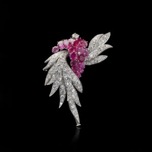 Vintage ruby and diamond brooch in platinum.