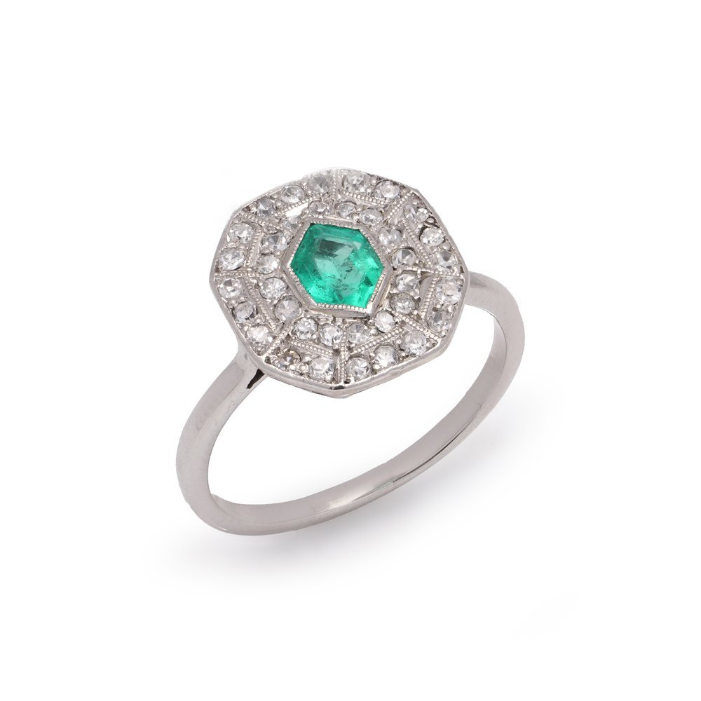 Art Deco 18 Carat White Gold Cluster Ring With Emerald And