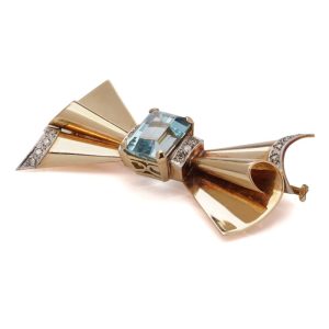 Vintage 6 Carat Aquamarine And Diamond Bow Brooch In 18 Carat Yellow Gold And Platinum