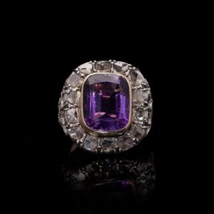 Victorian amethyst and diamond ring in gold and silver.