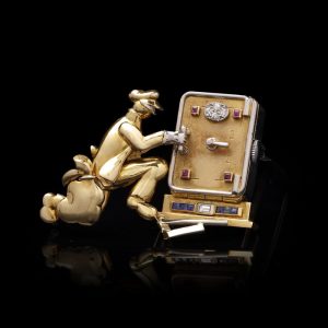 Vintage 18 Carat Yellow Gold And Gem-Set Mechanical “Stealing Time” Brooch Watch