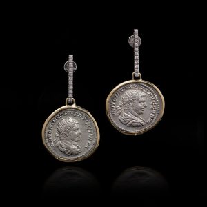 18 Carat Yellow Gold And Silver Roman Coin Earrings With Diamonds