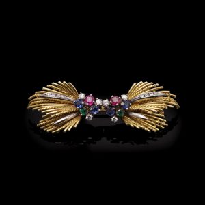Vintage Multi-Gemstone And Diamond Bow Brooch In 18 Carat Yellow And White Gold