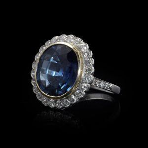 Certified 6ct Natural No Heat Sapphire and Diamond Cluster Ring