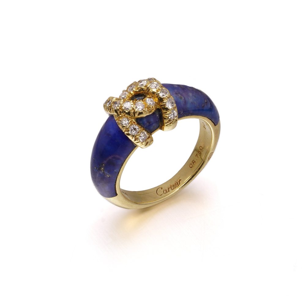 Vintage Cartier Lapis Lazuli Ring with Diamond Double C Logo in 18ct yellow gold. Made in France, Circa 1970s