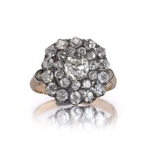 Antique 18 Carat Yellow Gold And Silver Old Cut Diamond Cluster Ring