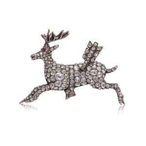 Victorian diamond reindeer brooch in rose gold and silver.