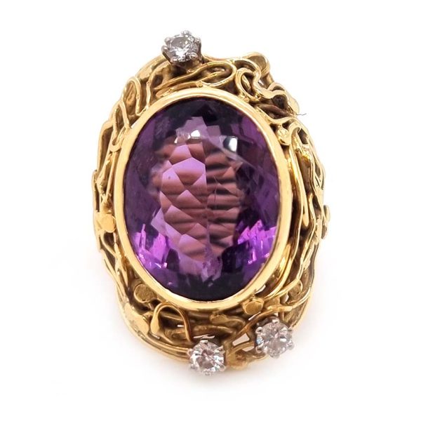 Vintage Amethyst and Diamond Parure Ring Earrings Pendant Suite in 18ct yellow gold. Late 20th century Circa 1980s-1990s