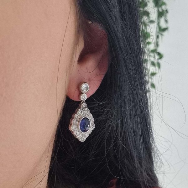 Cabochon Sapphire and Diamond Cluster Drop Earrings with Detachable Stud Tops, oval cabochon sapphires set within diamond studded navette cluster surrounds in 18ct white gold