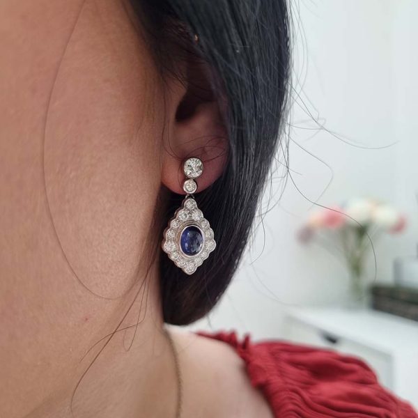 Cabochon Sapphire and Diamond Cluster Drop Earrings with Detachable Stud Tops, oval cabochon sapphires set within diamond studded navette cluster surrounds in 18ct white gold