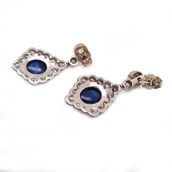 Cabochon Sapphire and Diamond Cluster Drop Earrings with Detachable Stud Tops, oval cabochon sapphires set within diamond studded navette cluster surrounds in 18ct white gold