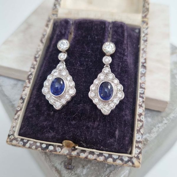 Cabochon Sapphire and Diamond Cluster Drop Earrings with Detachable Stud Tops, oval cabochon sapphires set within diamond studded navette cluster surrounds in 18ct white gold