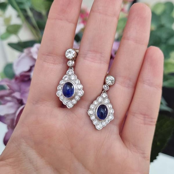 Cabochon Sapphire and Diamond Cluster Drop Earrings with Detachable Stud Tops, oval cabochon sapphires set within diamond studded navette cluster surrounds in 18ct white gold