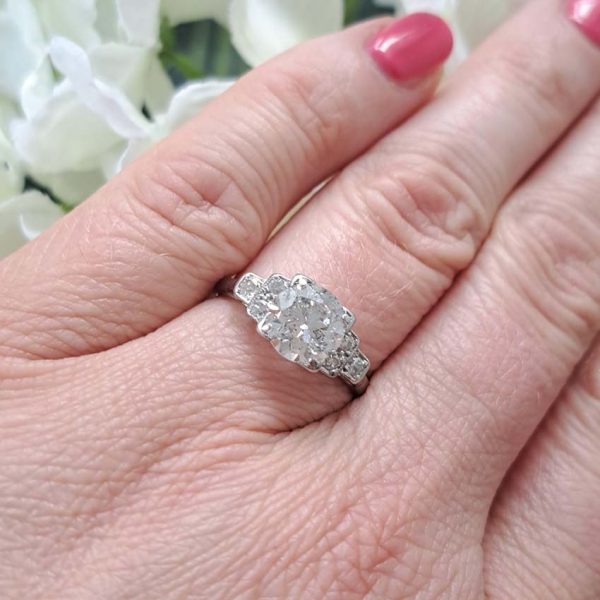 Antique Vintage Art Deco 1.68ct Old Brilliant Cut Diamond Engagement Ring, 1.68ct old brilliant-cut diamond flanked by single-cut diamonds in 18ct white gold and platinum