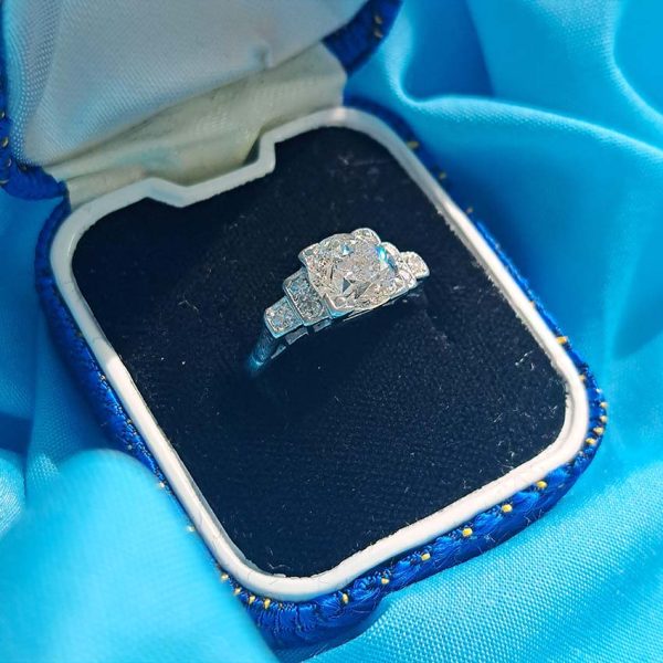 Antique Vintage Art Deco 1.68ct Old Brilliant Cut Diamond Engagement Ring, 1.68ct old brilliant-cut diamond flanked by single-cut diamonds in 18ct white gold and platinum