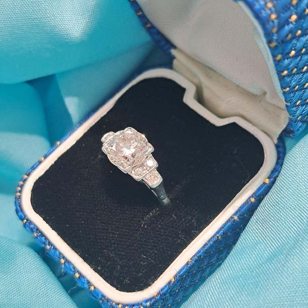 Antique Vintage Art Deco 1.68ct Old Brilliant Cut Diamond Engagement Ring, 1.68ct old brilliant-cut diamond flanked by single-cut diamonds in 18ct white gold and platinum