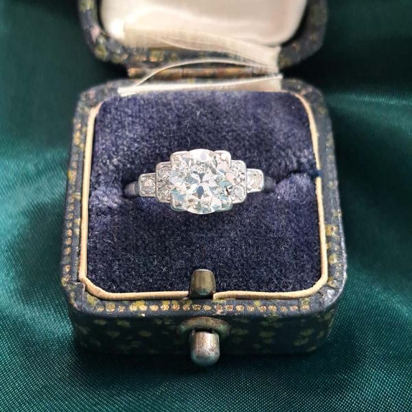 Antique Vintage Art Deco 1.68ct Old Brilliant Cut Diamond Engagement Ring, 1.68ct old brilliant-cut diamond flanked by single-cut diamonds in 18ct white gold and platinum