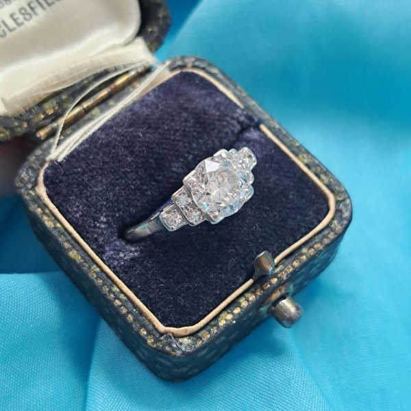 Antique Vintage Art Deco 1.68ct Old Brilliant Cut Diamond Engagement Ring, 1.68ct old brilliant-cut diamond flanked by single-cut diamonds in 18ct white gold and platinum