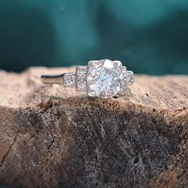 Antique Vintage Art Deco 1.68ct Old Brilliant Cut Diamond Engagement Ring, 1.68ct old brilliant-cut diamond flanked by single-cut diamonds in 18ct white gold and platinum