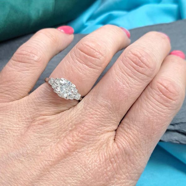 Antique Vintage Art Deco 1.68ct Old Brilliant Cut Diamond Engagement Ring, 1.68ct old brilliant-cut diamond flanked by single-cut diamonds in 18ct white gold and platinum