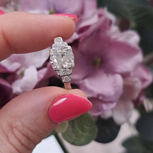Antique Vintage Art Deco 1.68ct Old Brilliant Cut Diamond Engagement Ring, 1.68ct old brilliant-cut diamond flanked by single-cut diamonds in 18ct white gold and platinum