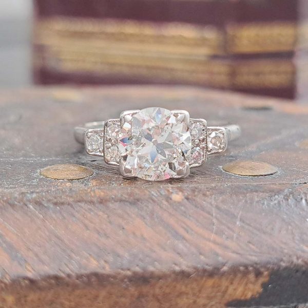 Antique Vintage Art Deco 1.68ct Old Brilliant Cut Diamond Engagement Ring, 1.68ct old brilliant-cut diamond flanked by single-cut diamonds in 18ct white gold and platinum